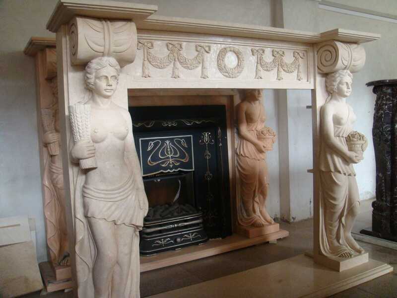  Beige Marble Sculpture Fireplace 